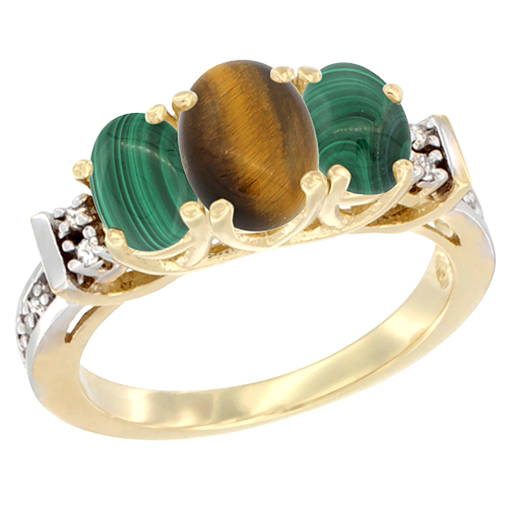 14K Yellow Gold Natural Tiger Eye & Malachite Ring 3-Stone Oval Diamond Accent