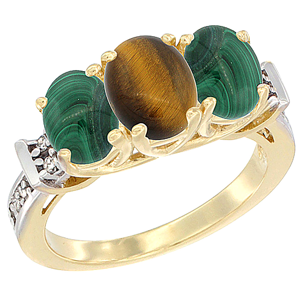 14K Yellow Gold Natural Tiger Eye & Malachite Sides Ring 3-Stone Oval Diamond Accent, sizes 5 - 10