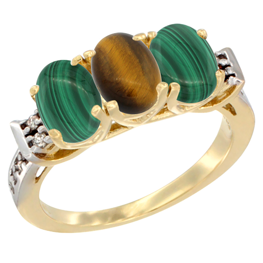 10K Yellow Gold Natural Tiger Eye & Malachite Sides Ring 3-Stone Oval 7x5 mm Diamond Accent, sizes 5 - 10