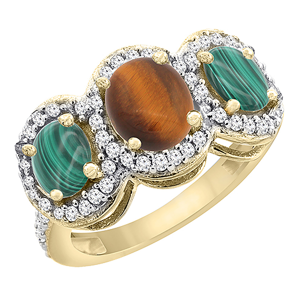 14K Yellow Gold Natural Tiger Eye & Malachite 3-Stone Ring Oval Diamond Accent, sizes 5 - 10