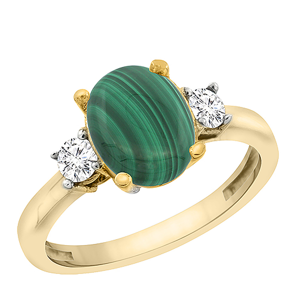 10K Yellow Gold Natural Malachite Engagement Ring Oval 10x8 mm Diamond Sides, sizes 5 - 10