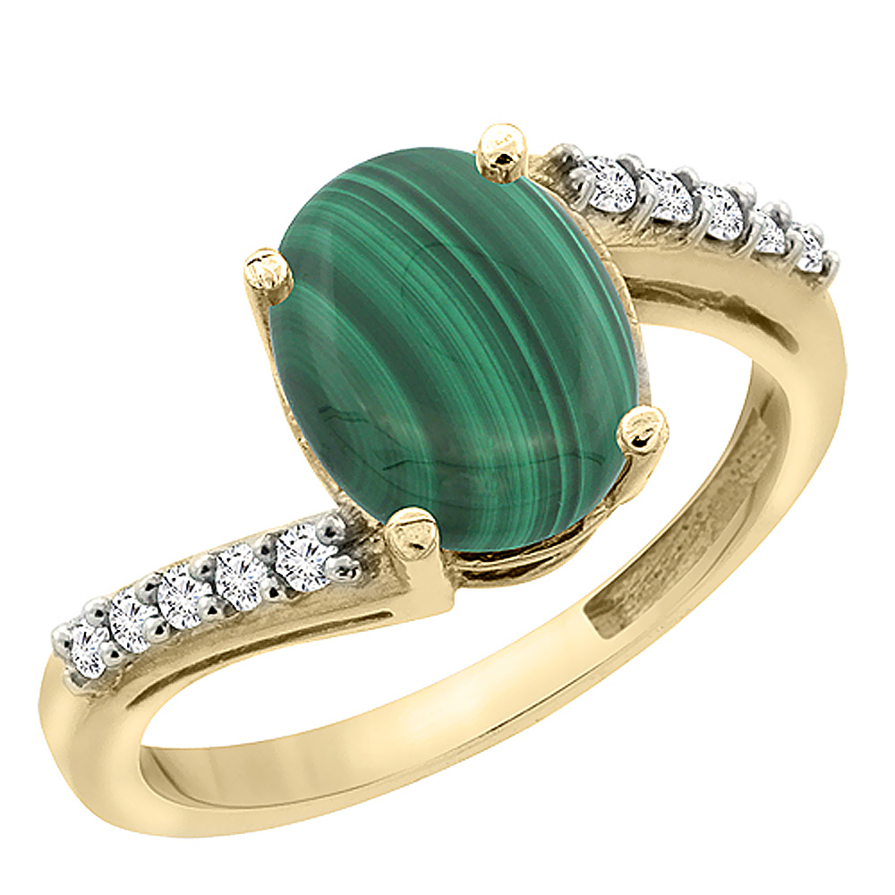 10K Yellow Gold Diamond Natural Malachite Engagement Ring Oval 10x8mm, sizes 5-10