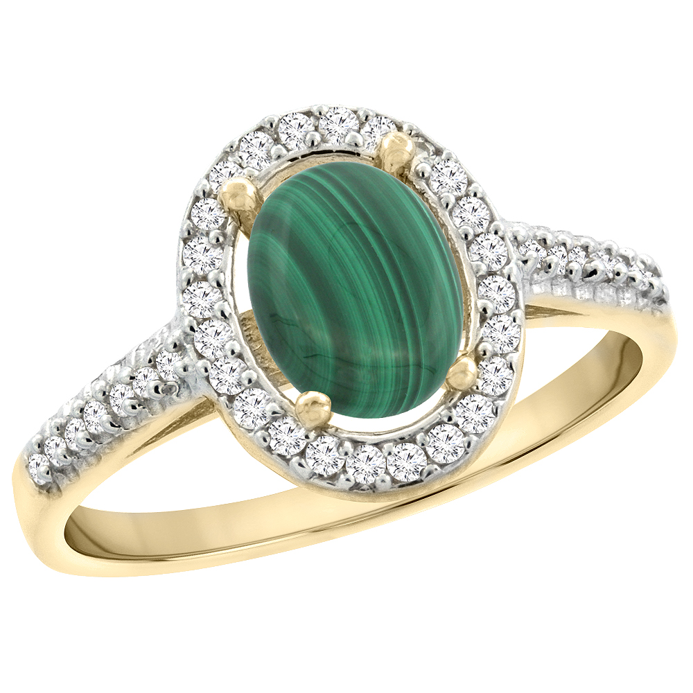 14K Yellow Gold Natural Malachite Engagement Ring Oval 7x5 mm Diamond Halo, sizes 5 - 10