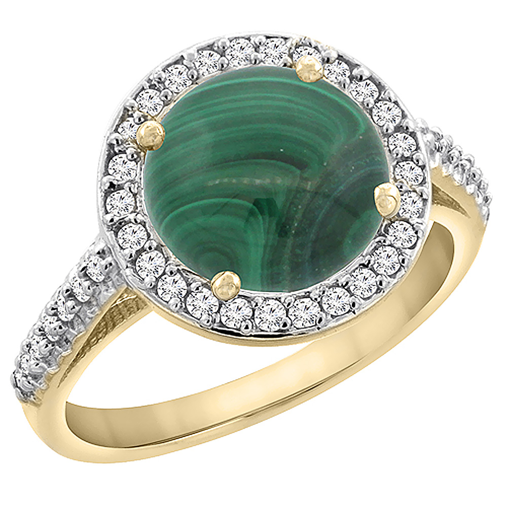 10K Yellow Gold Natural Malachite Ring Round 8mm Diamond Halo, sizes 5 to 10