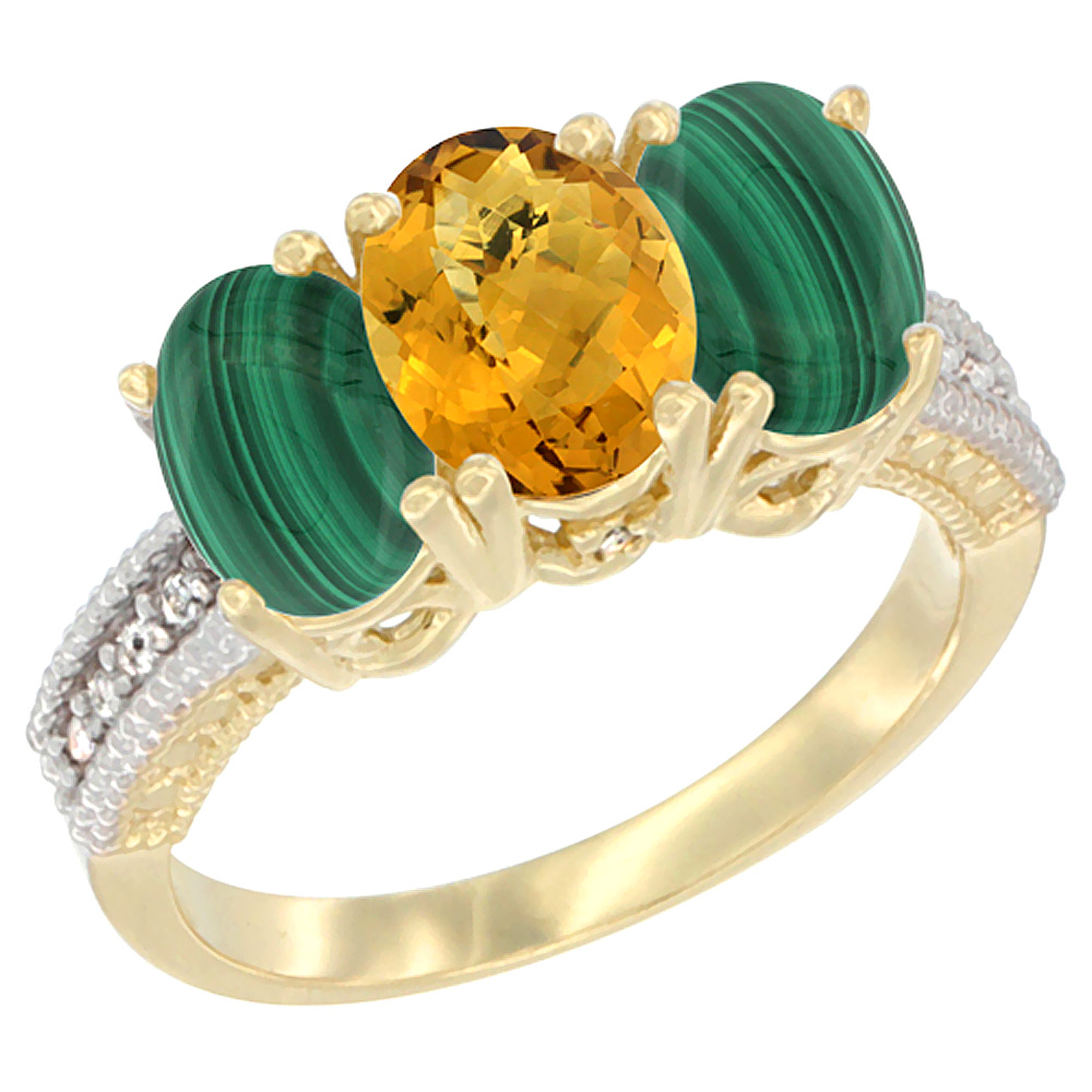 10K Yellow Gold Diamond Natural Whisky Quartz & Malachite Ring 3-Stone 7x5 mm Oval, sizes 5 - 10