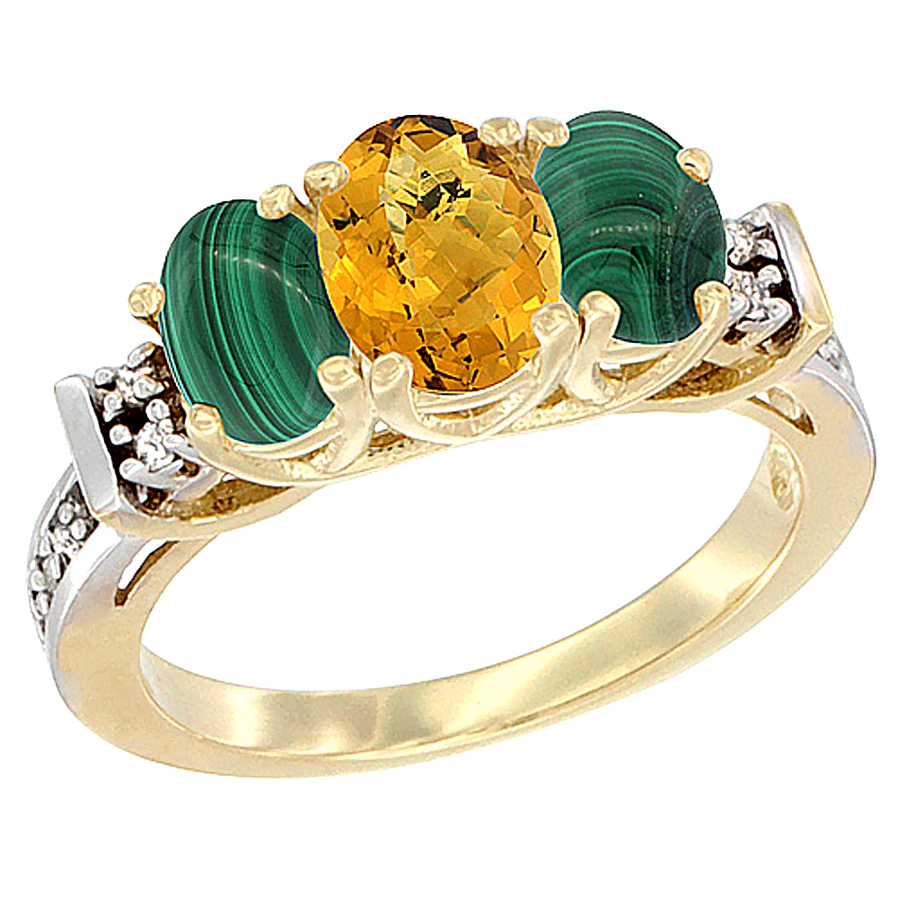 14K Yellow Gold Natural Whisky Quartz & Malachite Ring 3-Stone Oval Diamond Accent