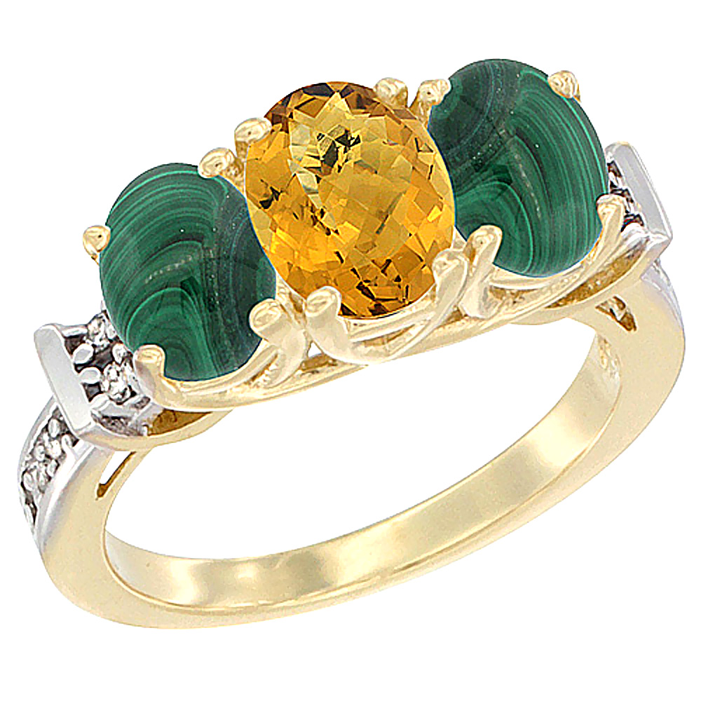 14K Yellow Gold Natural Whisky Quartz & Malachite Sides Ring 3-Stone Oval Diamond Accent, sizes 5 - 10