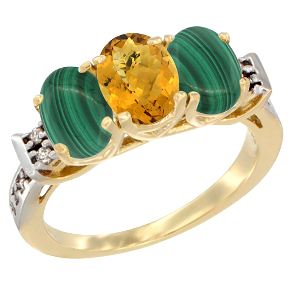 10K Yellow Gold Natural Whisky Quartz & Malachite Sides Ring 3-Stone Oval 7x5 mm Diamond Accent, sizes 5 - 10