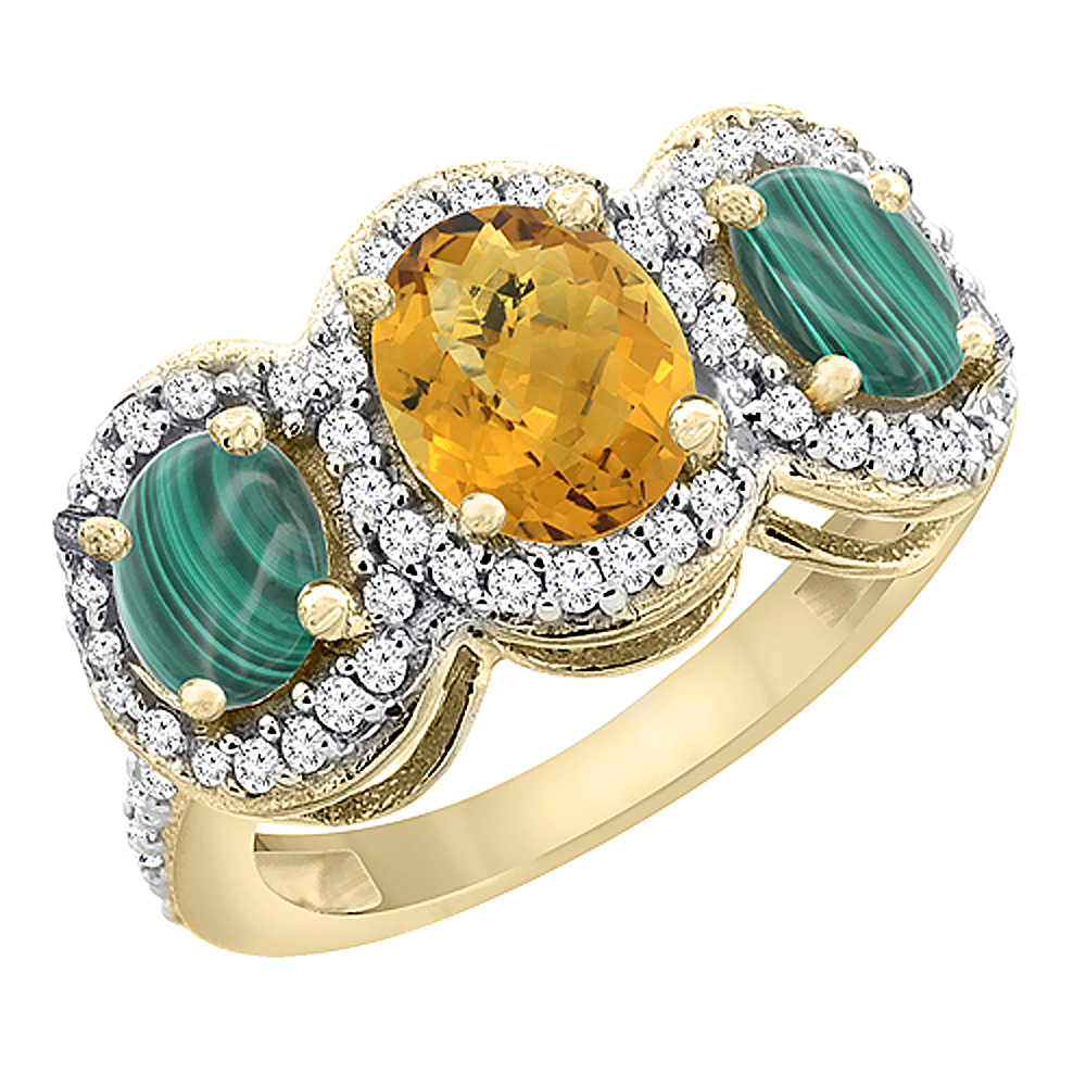 14K Yellow Gold Natural Whisky Quartz &amp; Malachite 3-Stone Ring Oval Diamond Accent, sizes 5 - 10