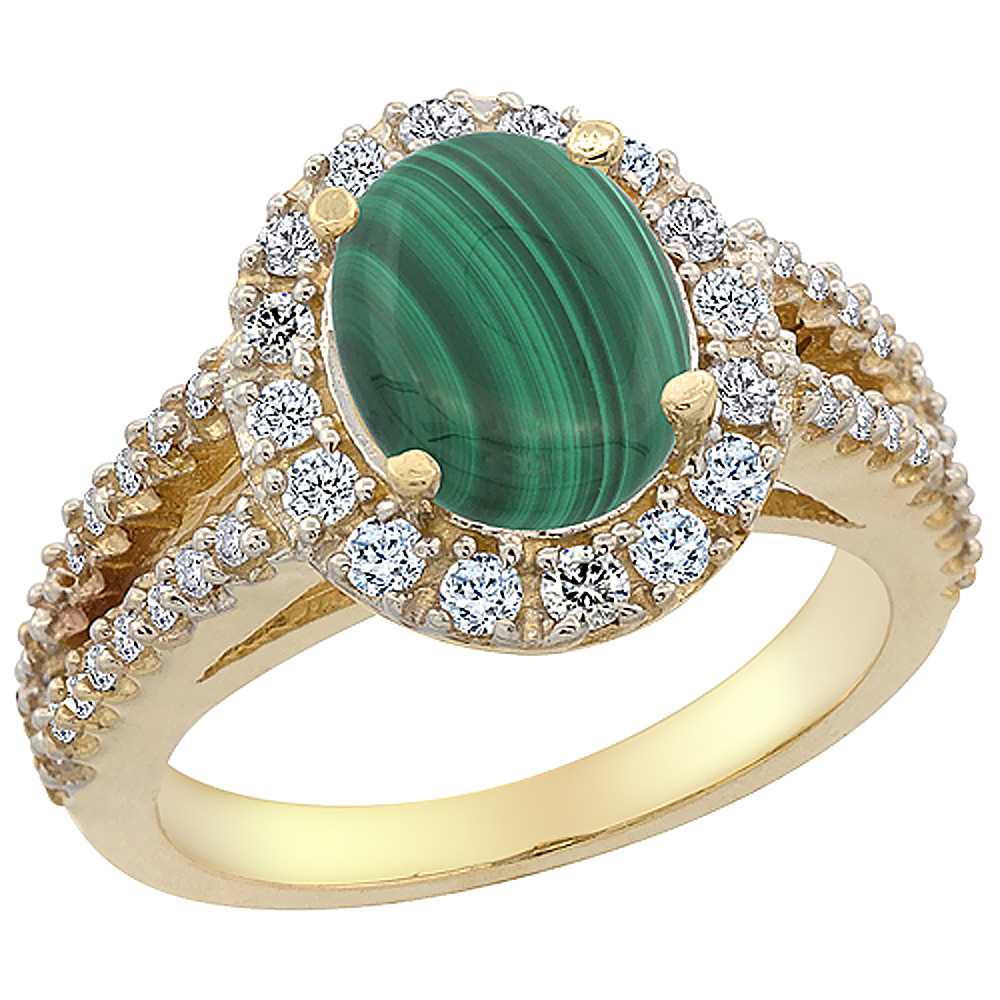 10K Yellow Gold Diamond Natural Malachite Engagement Ring Oval 10x8mm, sizes 5-10