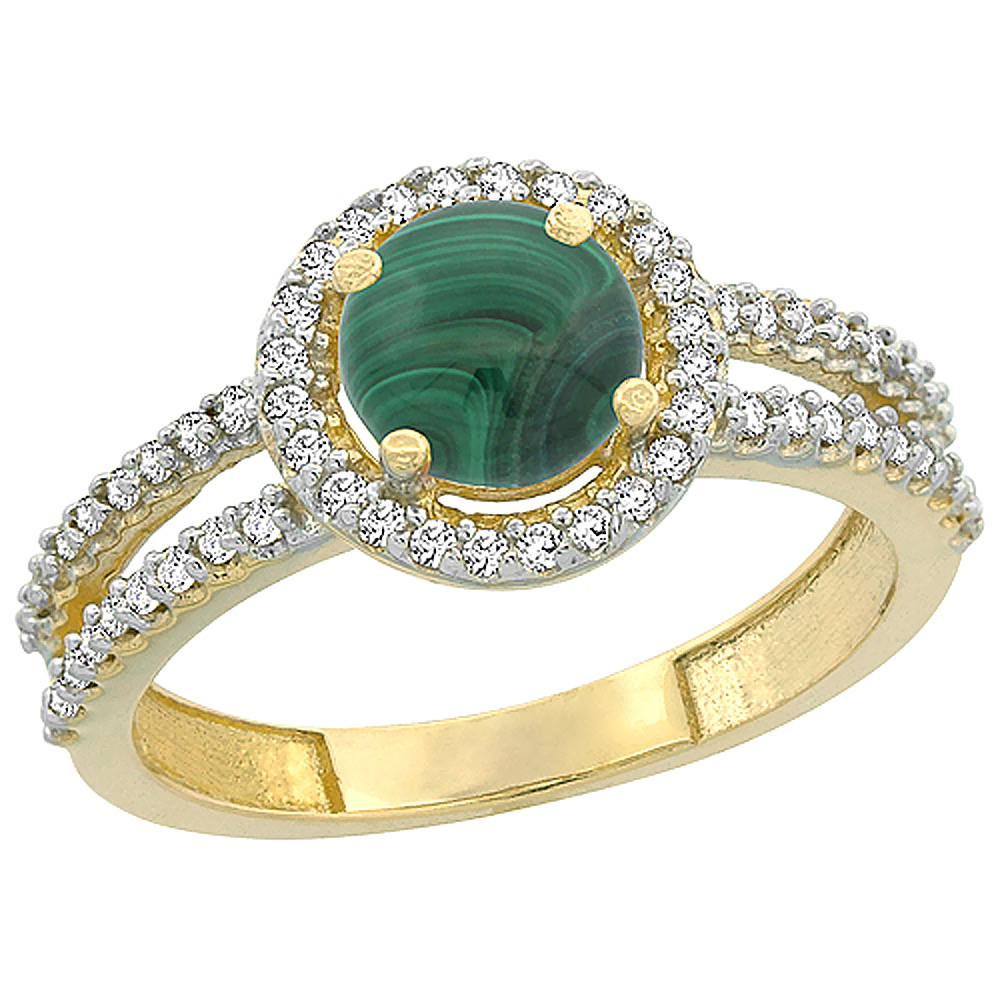 14K Yellow Gold Natural Malachite Diamond Halo Ring Round 6mm, sizes 5 - 10