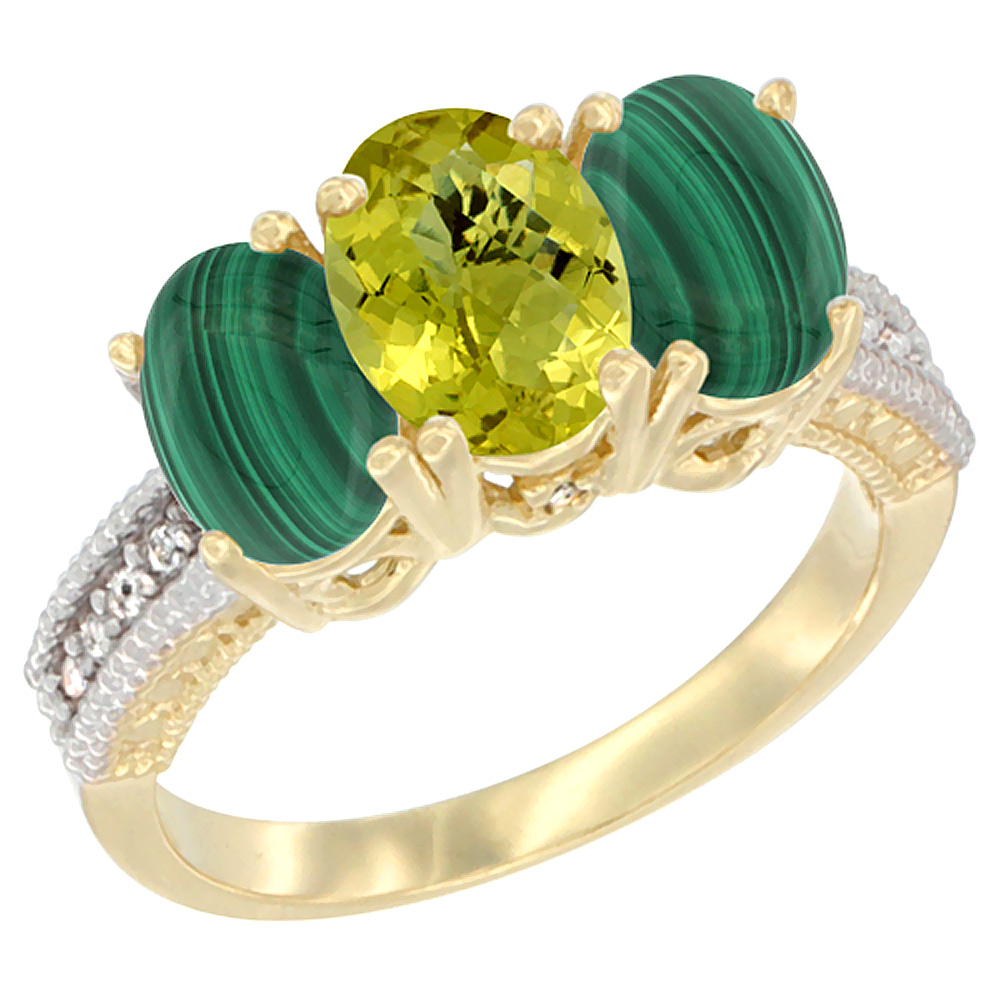 10K Yellow Gold Diamond Natural Lemon Quartz & Malachite Ring 3-Stone 7x5 mm Oval, sizes 5 - 10