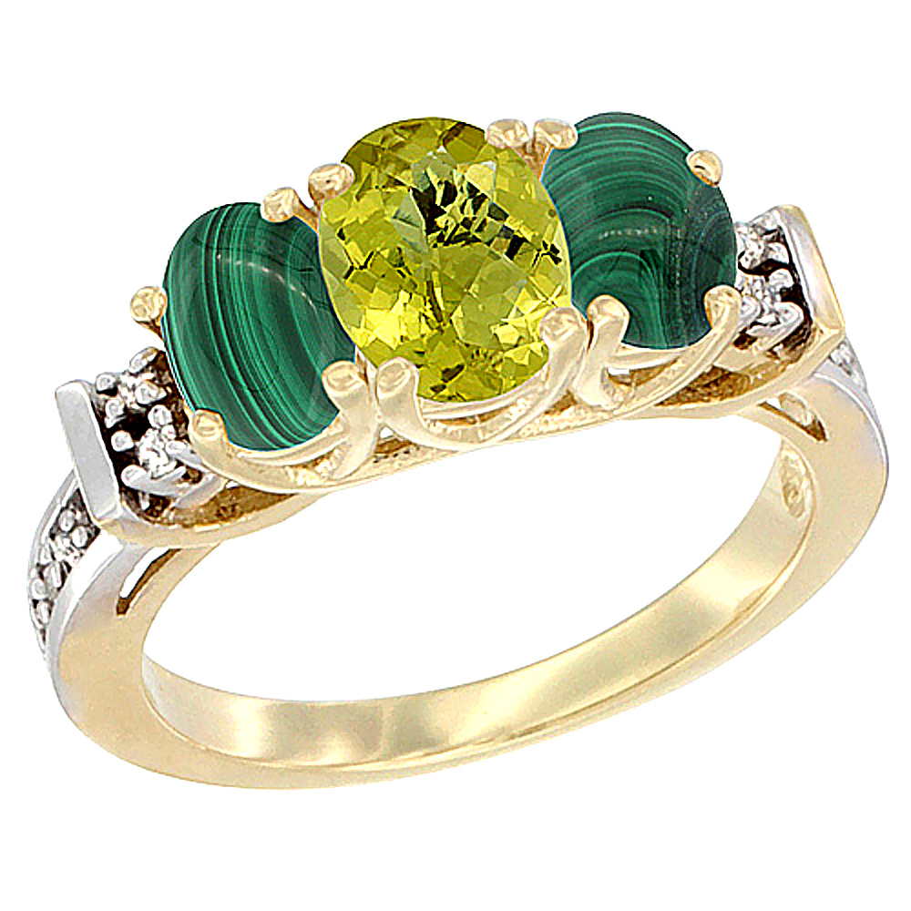 10K Yellow Gold Natural Lemon Quartz &amp; Malachite Ring 3-Stone Oval Diamond Accent