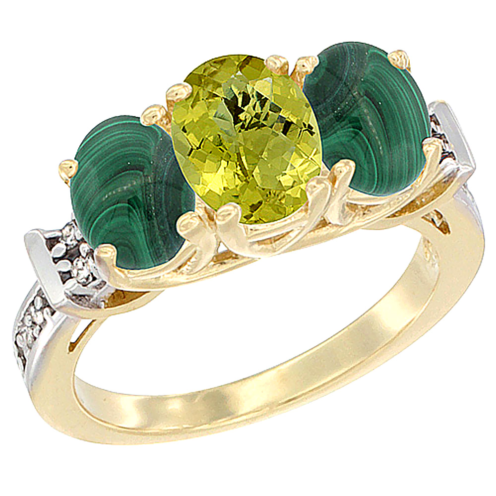 10K Yellow Gold Natural Lemon Quartz &amp; Malachite Sides Ring 3-Stone Oval Diamond Accent, sizes 5 - 10