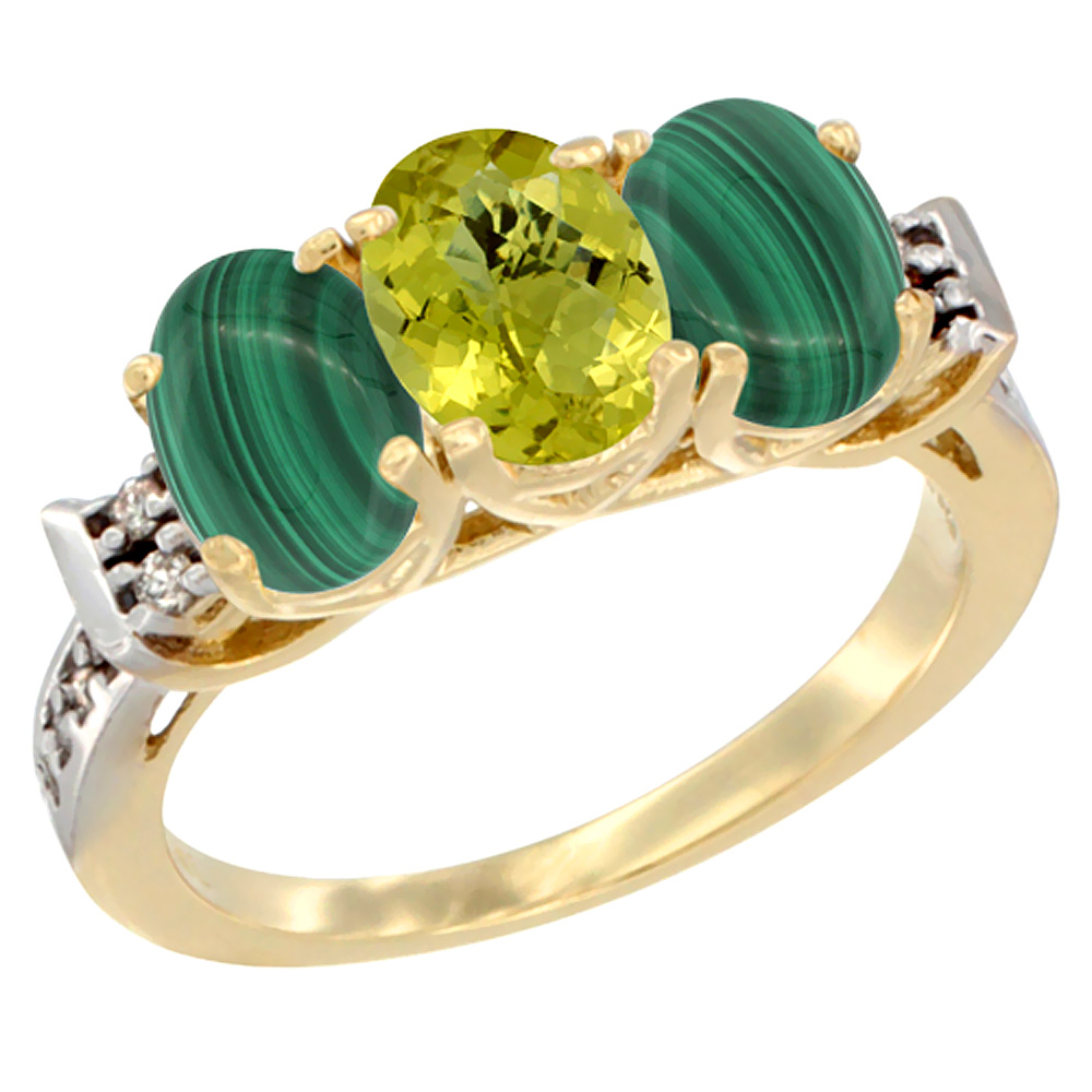 14K Yellow Gold Natural Lemon Quartz & Malachite Ring 3-Stone 7x5 mm Oval Diamond Accent, sizes 5 - 10