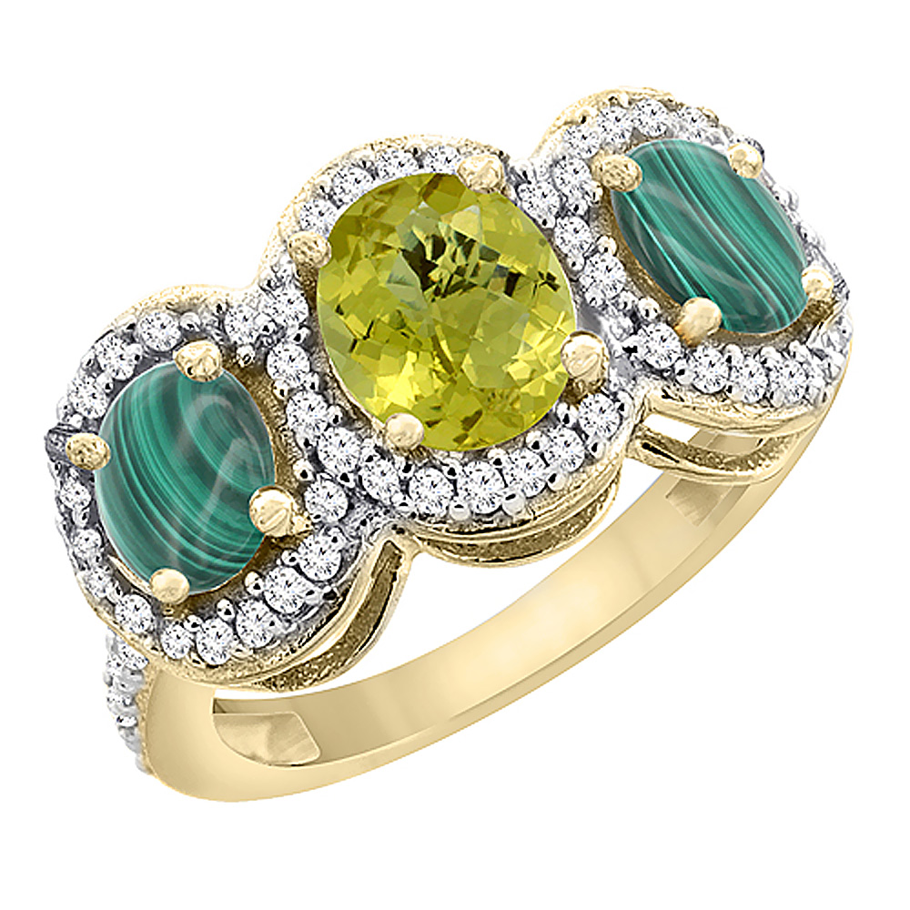 10K Yellow Gold Natural Lemon Quartz &amp; Malachite 3-Stone Ring Oval Diamond Accent, sizes 5 - 10