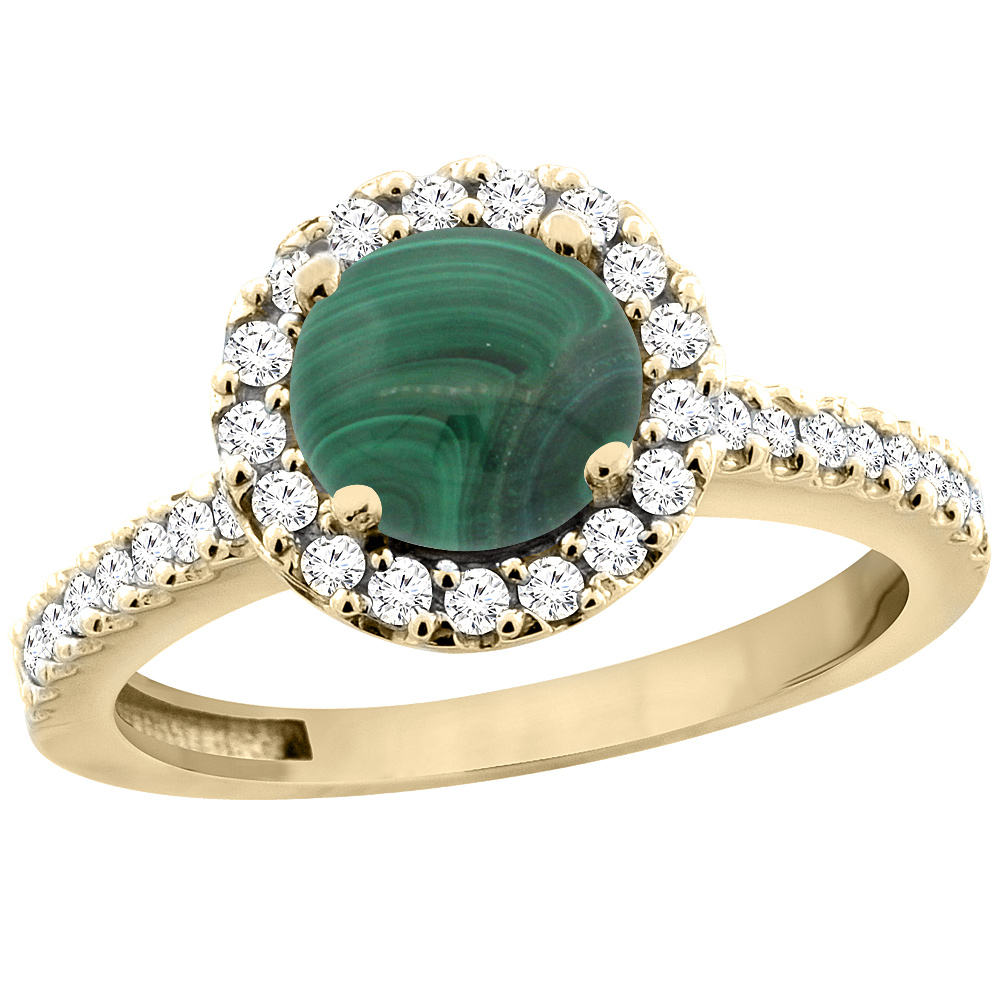 14K Yellow Gold Natural Malachite Ring Round 6mm Floating Halo Diamond, sizes 5 - 10