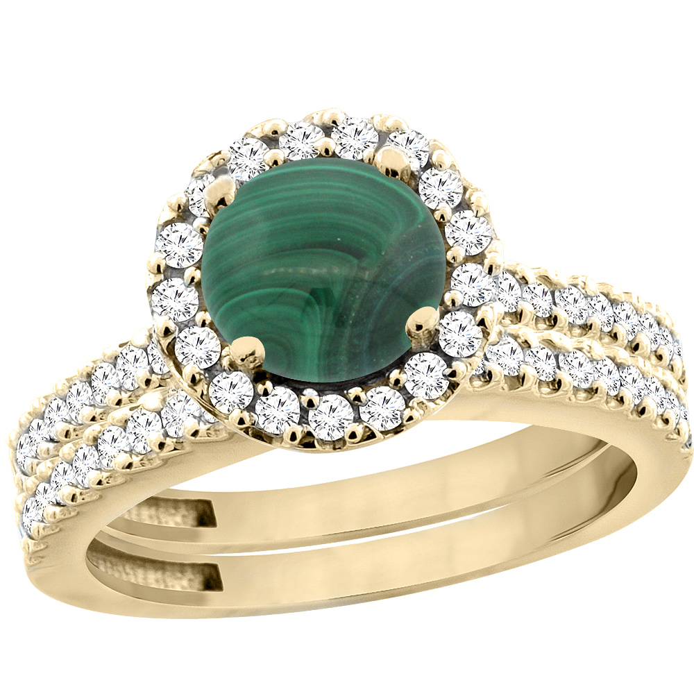 10K Yellow Gold Natural Malachite Round 6mm 2-Piece Engagement Ring Set Floating Halo Diamond, sizes 5 - 10