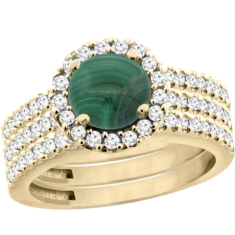 14K Yellow Gold Natural Malachite 3-Piece Bridal Ring Set Round 6mm Halo Diamond, sizes 5 - 10