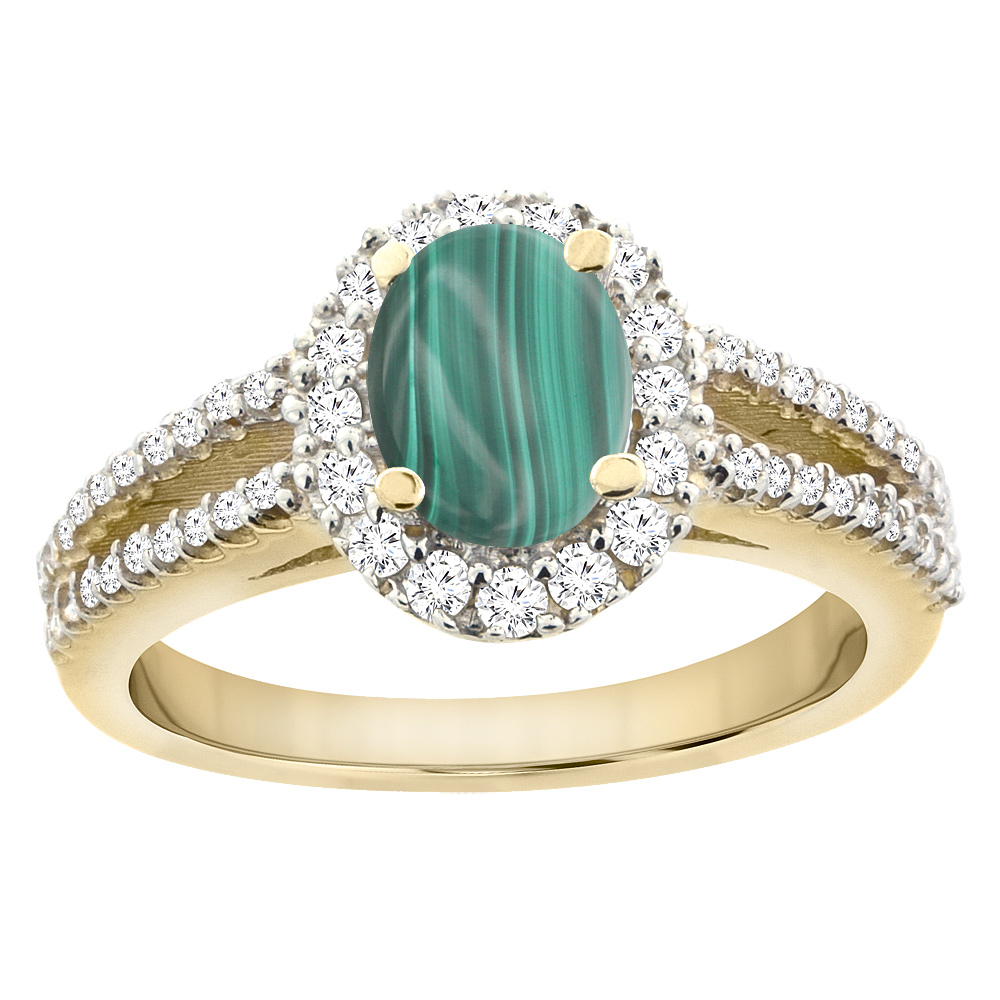 14K Yellow Gold Natural Malachite Split Shank Halo Engagement Ring Oval 7x5 mm, sizes 5 - 10