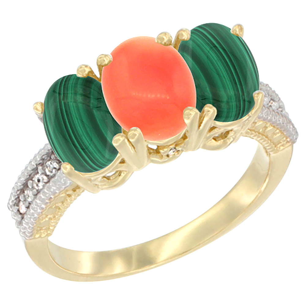 10K Yellow Gold Diamond Natural Coral & Malachite Ring 3-Stone 7x5 mm Oval, sizes 5 - 10