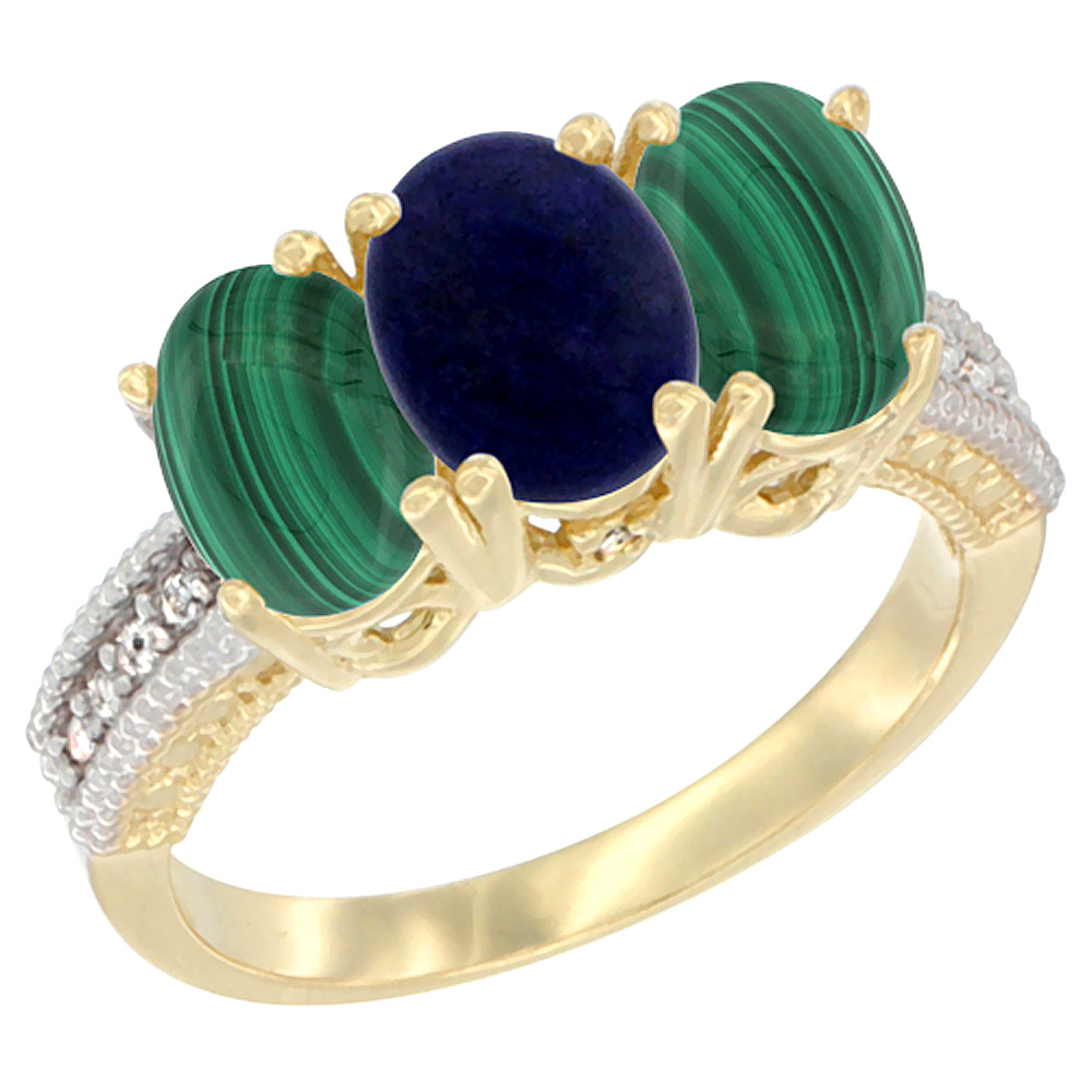 10K Yellow Gold Diamond Natural Lapis & Malachite Ring 3-Stone 7x5 mm Oval, sizes 5 - 10