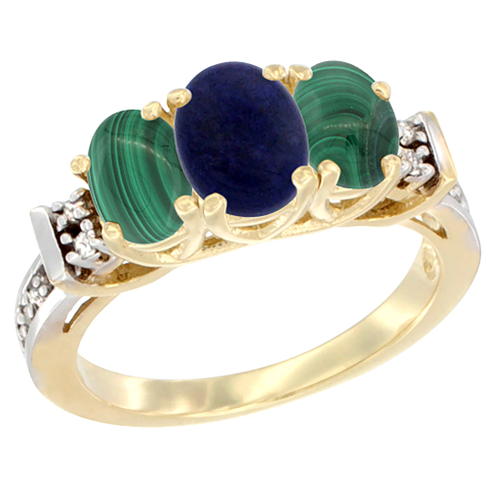 14K Yellow Gold Natural Lapis & Malachite Ring 3-Stone Oval Diamond Accent