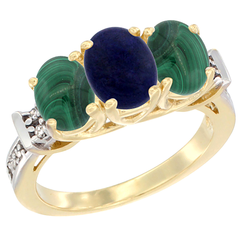 14K Yellow Gold Natural Lapis & Malachite Sides Ring 3-Stone Oval Diamond Accent, sizes 5 - 10