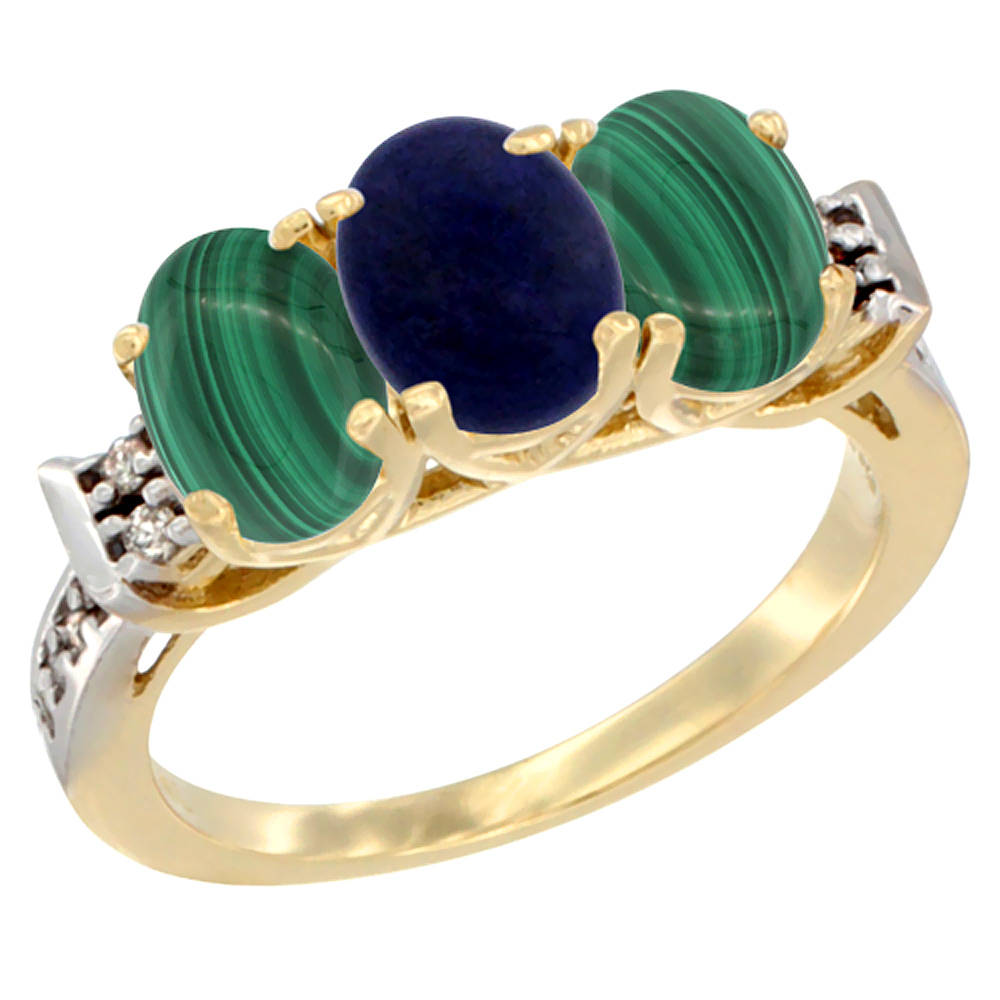 10K Yellow Gold Natural Lapis & Malachite Sides Ring 3-Stone Oval 7x5 mm Diamond Accent, sizes 5 - 10