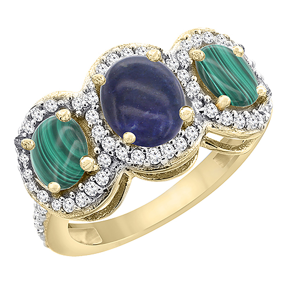 14K Yellow Gold Natural Lapis & Malachite 3-Stone Ring Oval Diamond Accent, sizes 5 - 10