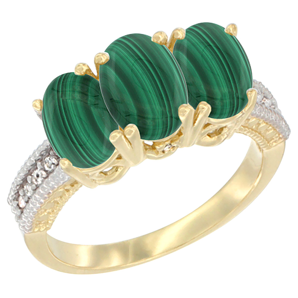 10K Yellow Gold Diamond Natural Malachite Ring 3-Stone 7x5 mm Oval, sizes 5 - 10