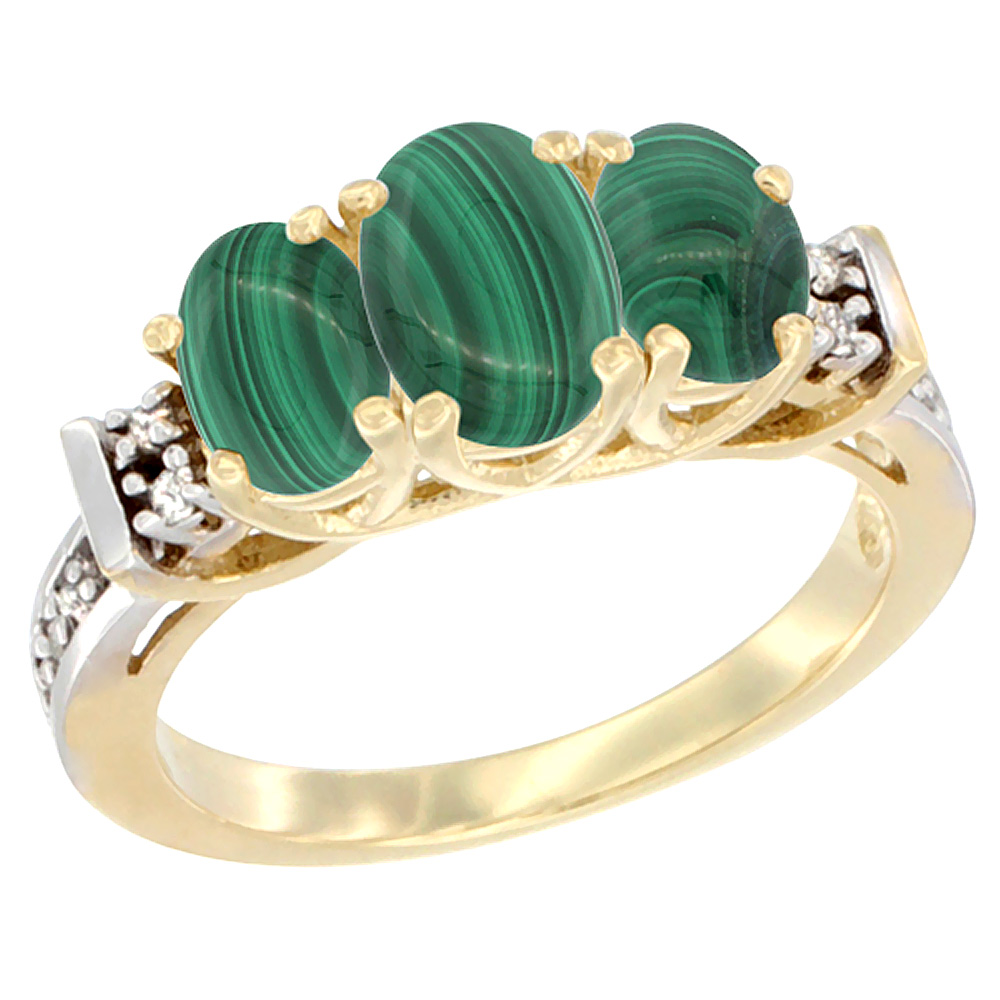 10K Yellow Gold Natural Malachite Ring 3-Stone Oval Diamond Accent