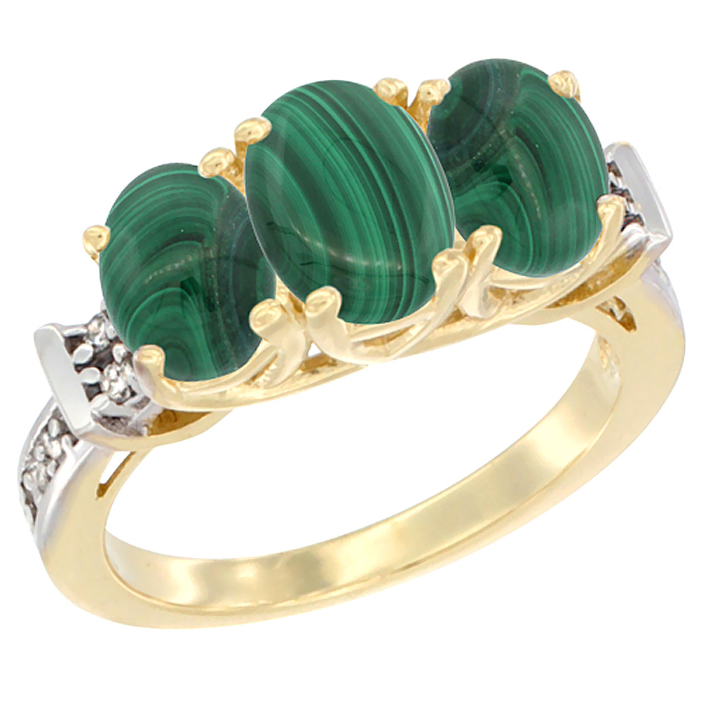 14K Yellow Gold Natural Malachite Ring 3-Stone Oval Diamond Accent, sizes 5 - 10