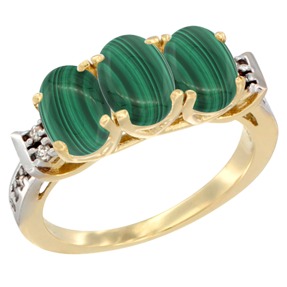 14K Yellow Gold Natural Malachite Ring 3-Stone 7x5 mm Oval Diamond Accent, sizes 5 - 10