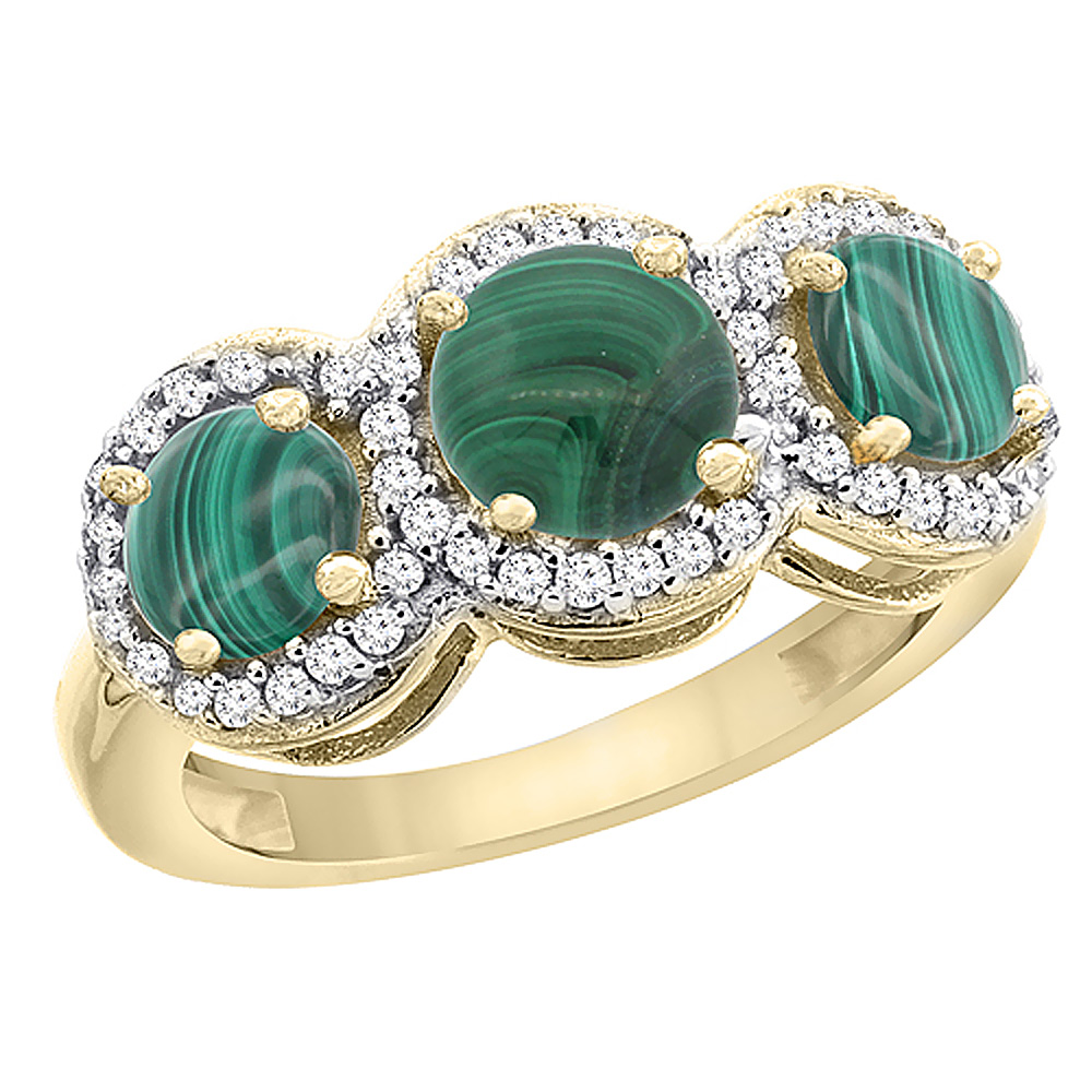 14K Yellow Gold Natural Malachite Round 3-stone Ring Diamond Accents, sizes 5 - 10