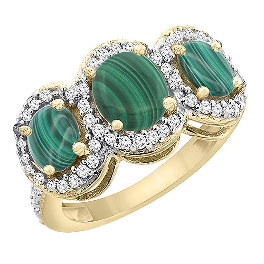 14K Yellow Gold Natural Malachite 3-Stone Ring Oval Diamond Accent, sizes 5 - 10