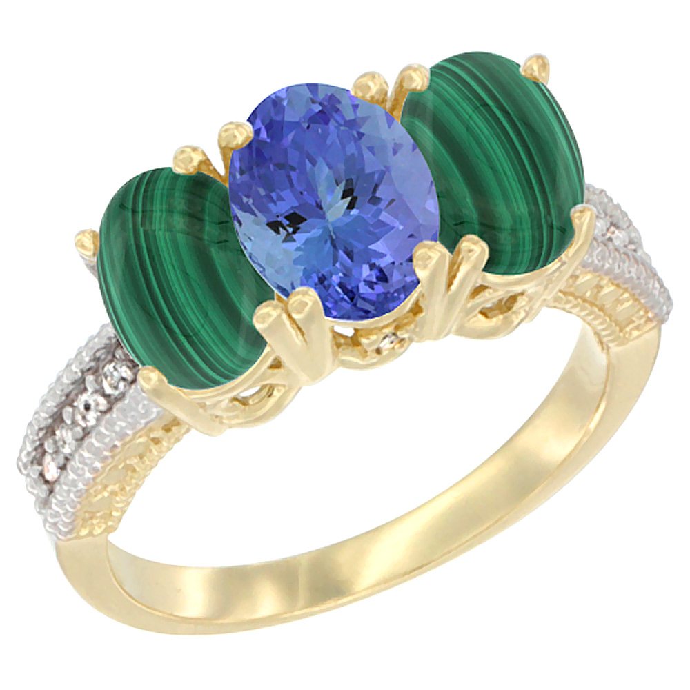 14K Yellow Gold Natural Tanzanite Ring with Malachite 3-Stone 7x5 mm Oval Diamond Accent, sizes 5 - 10