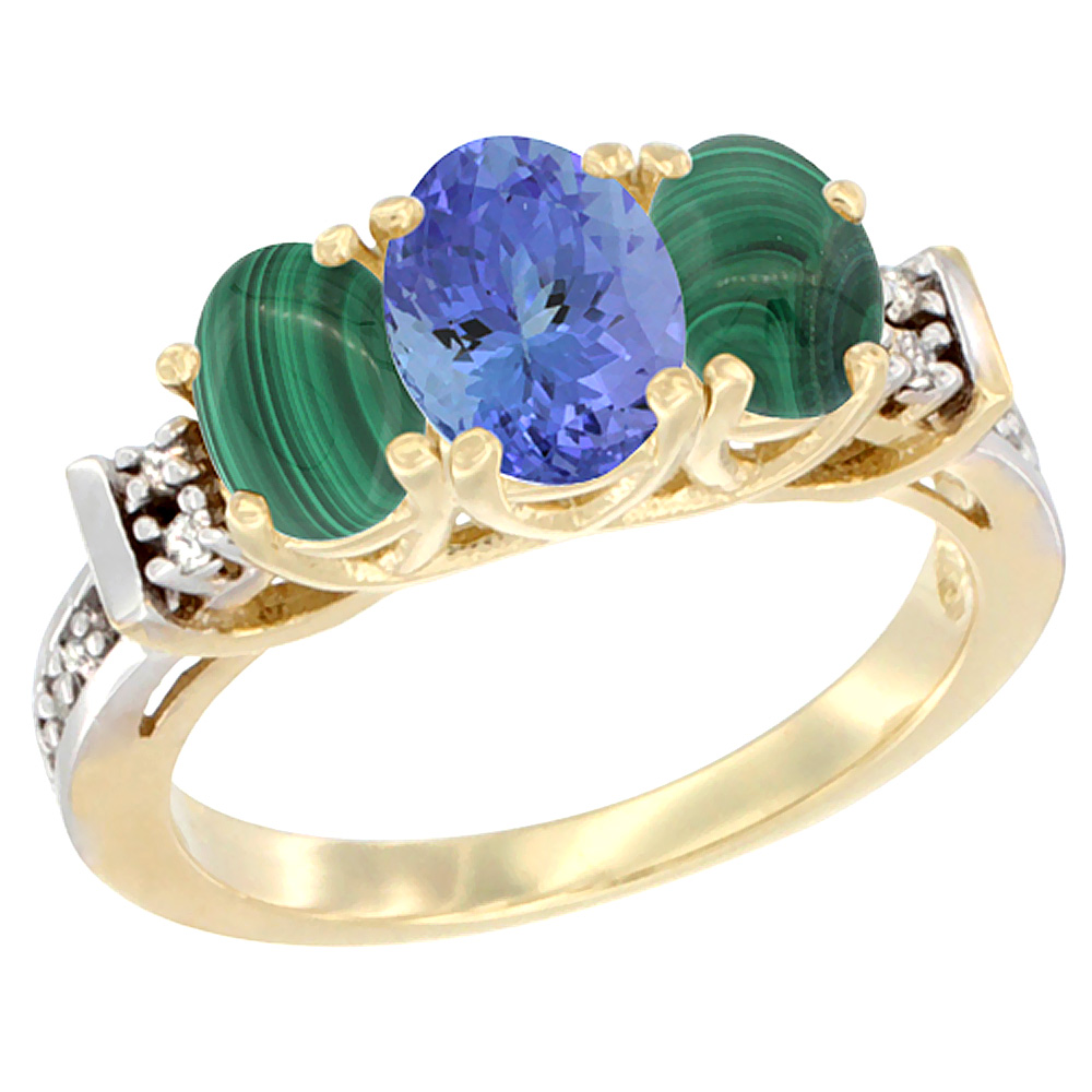 14K Yellow Gold Natural Tanzanite & Malachite Ring 3-Stone Oval Diamond Accent