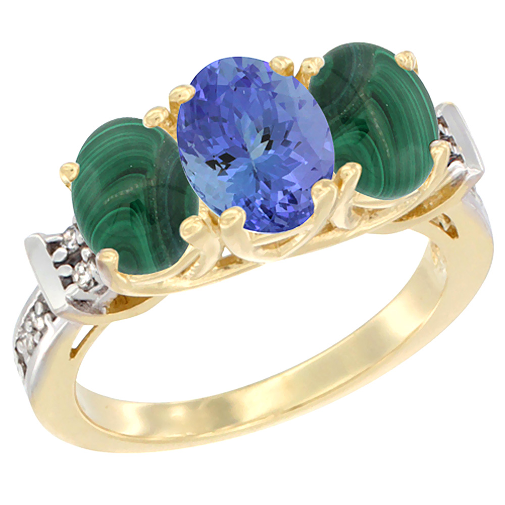 10K Yellow Gold Natural Tanzanite & Malachite Sides Ring 3-Stone Oval Diamond Accent, sizes 5 - 10