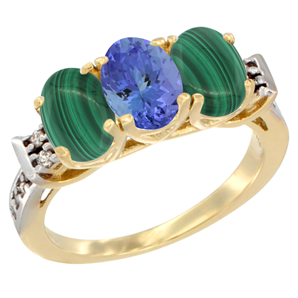 10K Yellow Gold Natural Tanzanite &amp; Malachite Sides Ring 3-Stone Oval 7x5 mm Diamond Accent, sizes 5 - 10