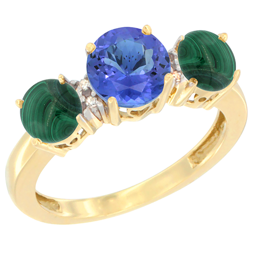 14K Yellow Gold Round 3-Stone Natural Tanzanite Ring & Malachite Sides Diamond Accent, sizes 5 - 10