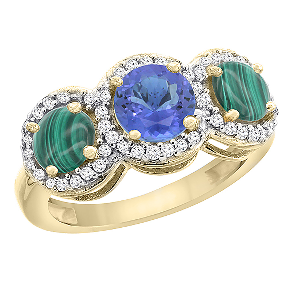 10K Yellow Gold Natural Tanzanite & Malachite Sides Round 3-stone Ring Diamond Accents, sizes 5 - 10