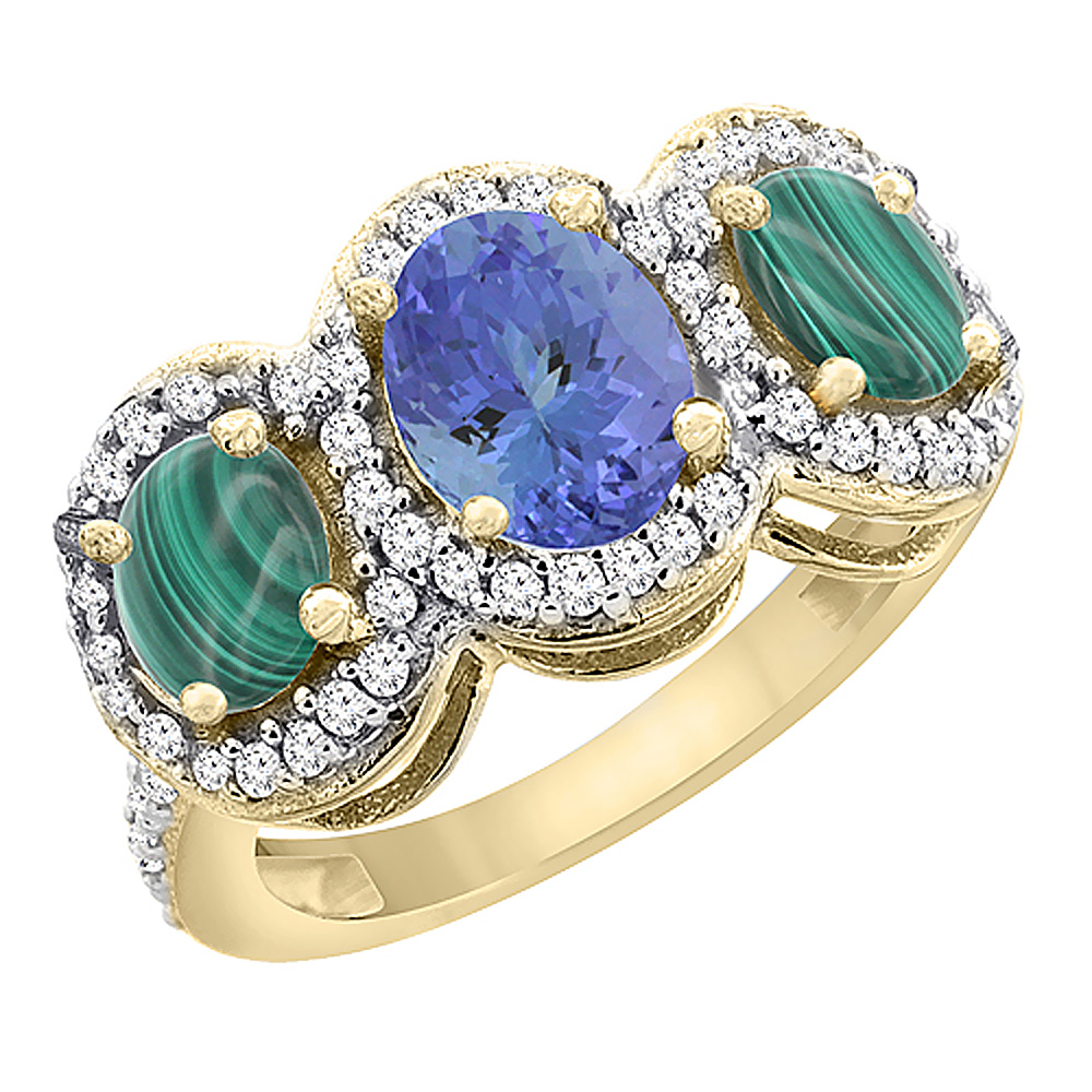 10K Yellow Gold Natural Tanzanite &amp; Malachite 3-Stone Ring Oval Diamond Accent, sizes 5 - 10