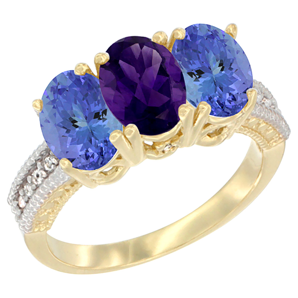 10K Yellow Gold Diamond Natural Amethyst &amp; Tanzanite Ring 3-Stone 7x5 mm Oval, sizes 5 - 10