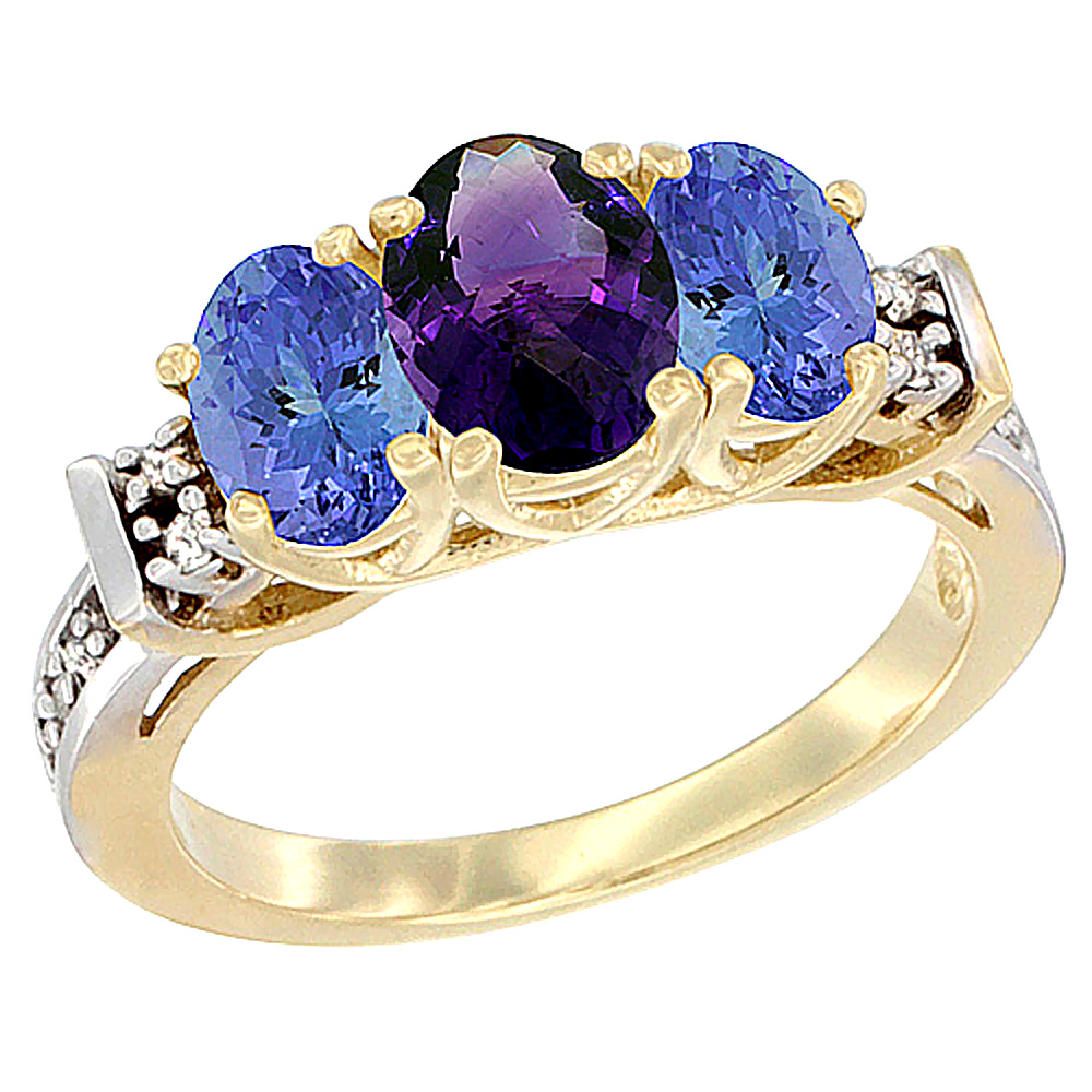 10K Yellow Gold Natural Amethyst & Tanzanite Ring 3-Stone Oval Diamond Accent