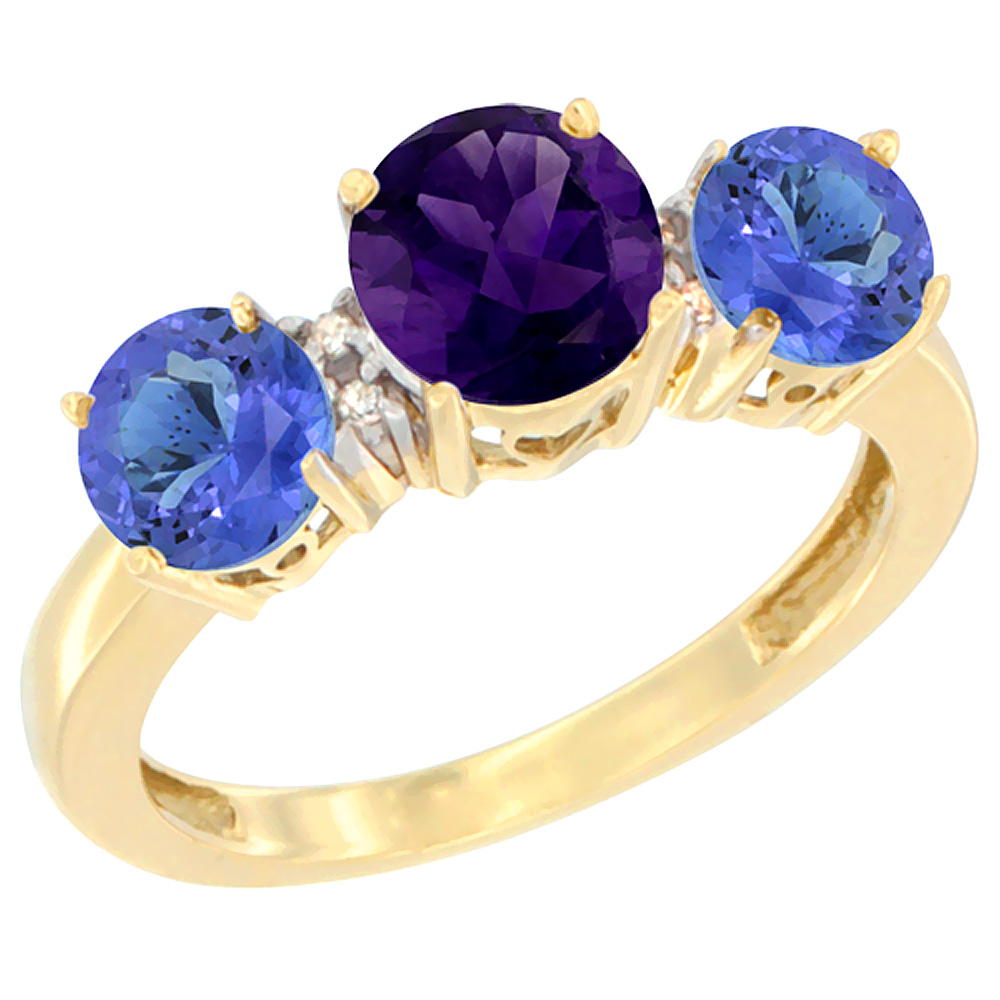 10K Yellow Gold Round 3-Stone Natural Amethyst Ring & Tanzanite Sides Diamond Accent, sizes 5 - 10