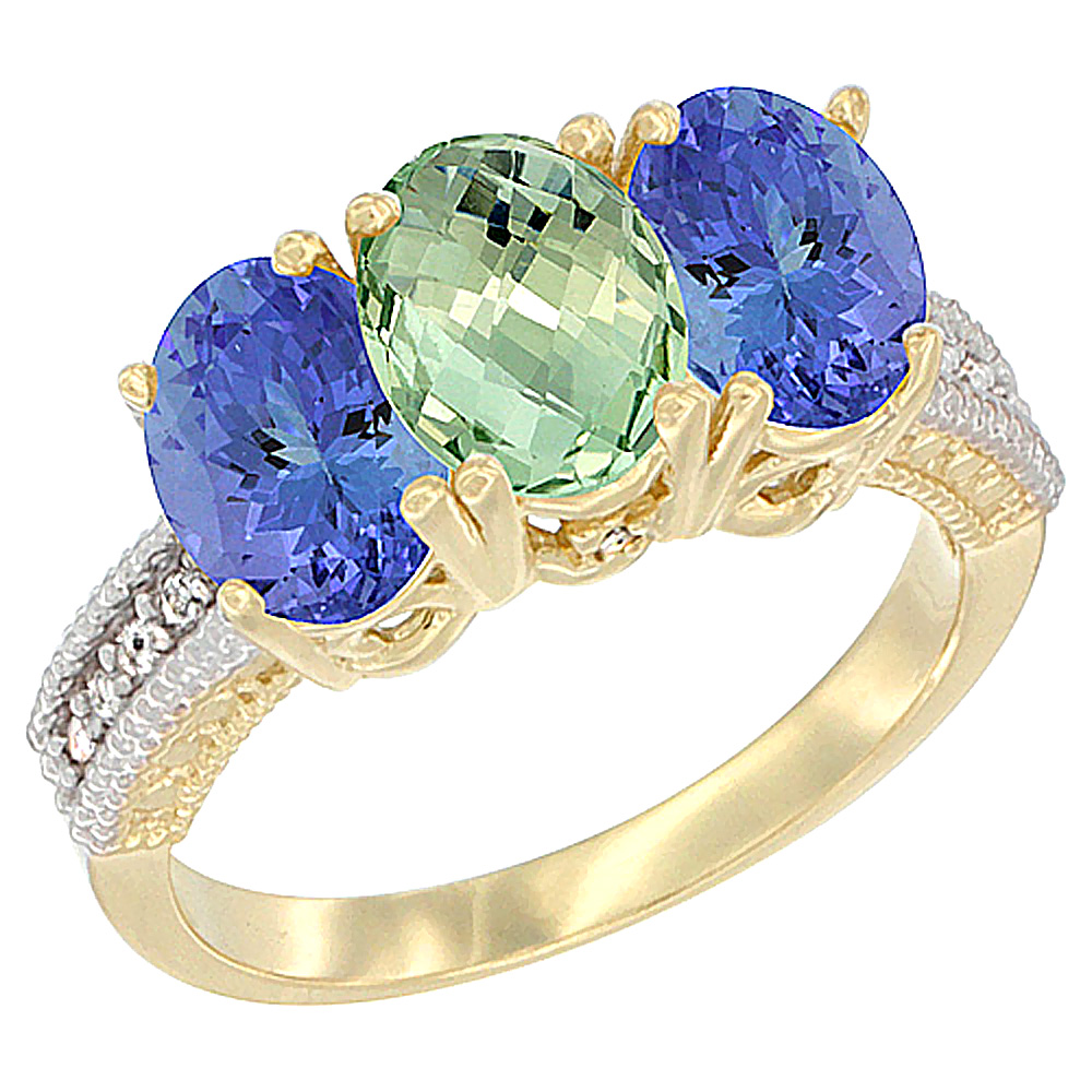 10K Yellow Gold Diamond Natural Green Amethyst &amp; Tanzanite Ring 3-Stone 7x5 mm Oval, sizes 5 - 10