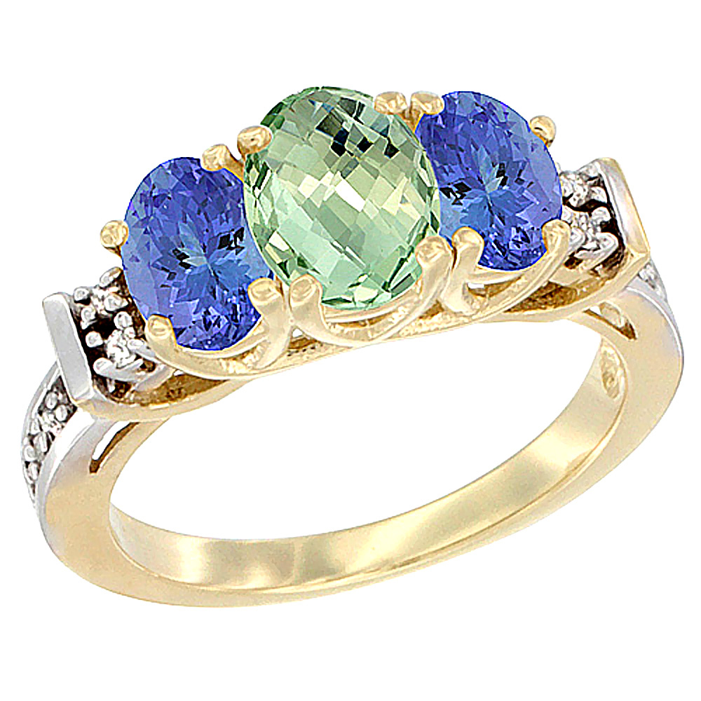 14K Yellow Gold Natural Green Amethyst & Tanzanite Ring 3-Stone Oval Diamond Accent