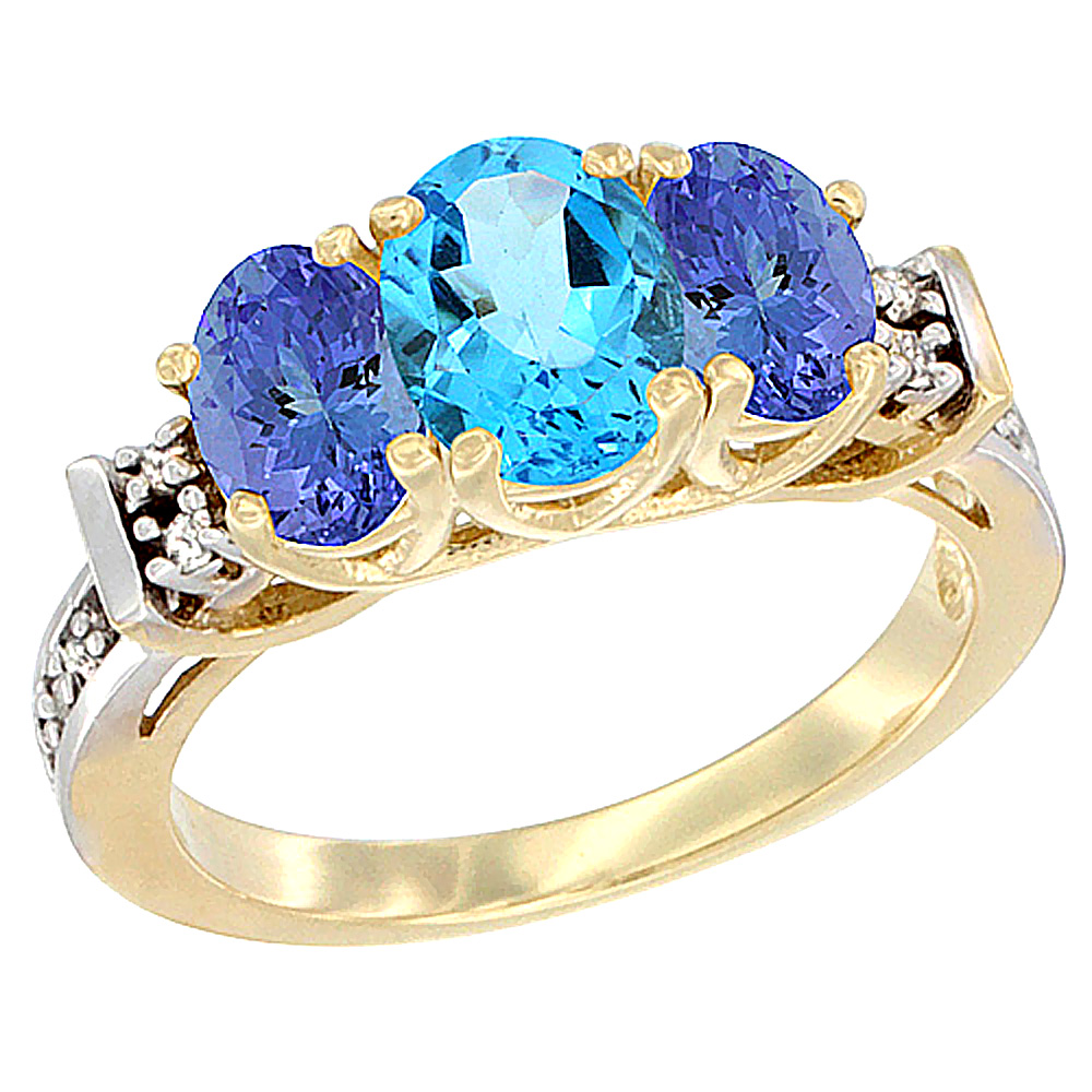 14K Yellow Gold Natural Swiss Blue Topaz &amp; Tanzanite Ring 3-Stone Oval Diamond Accent