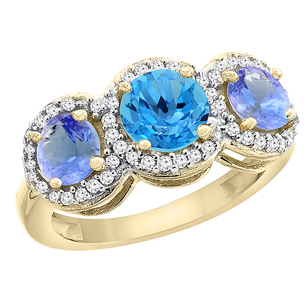 14K Yellow Gold Natural Swiss Blue Topaz &amp; Tanzanite Sides Round 3-stone Ring Diamond Accents, sizes 5 - 10